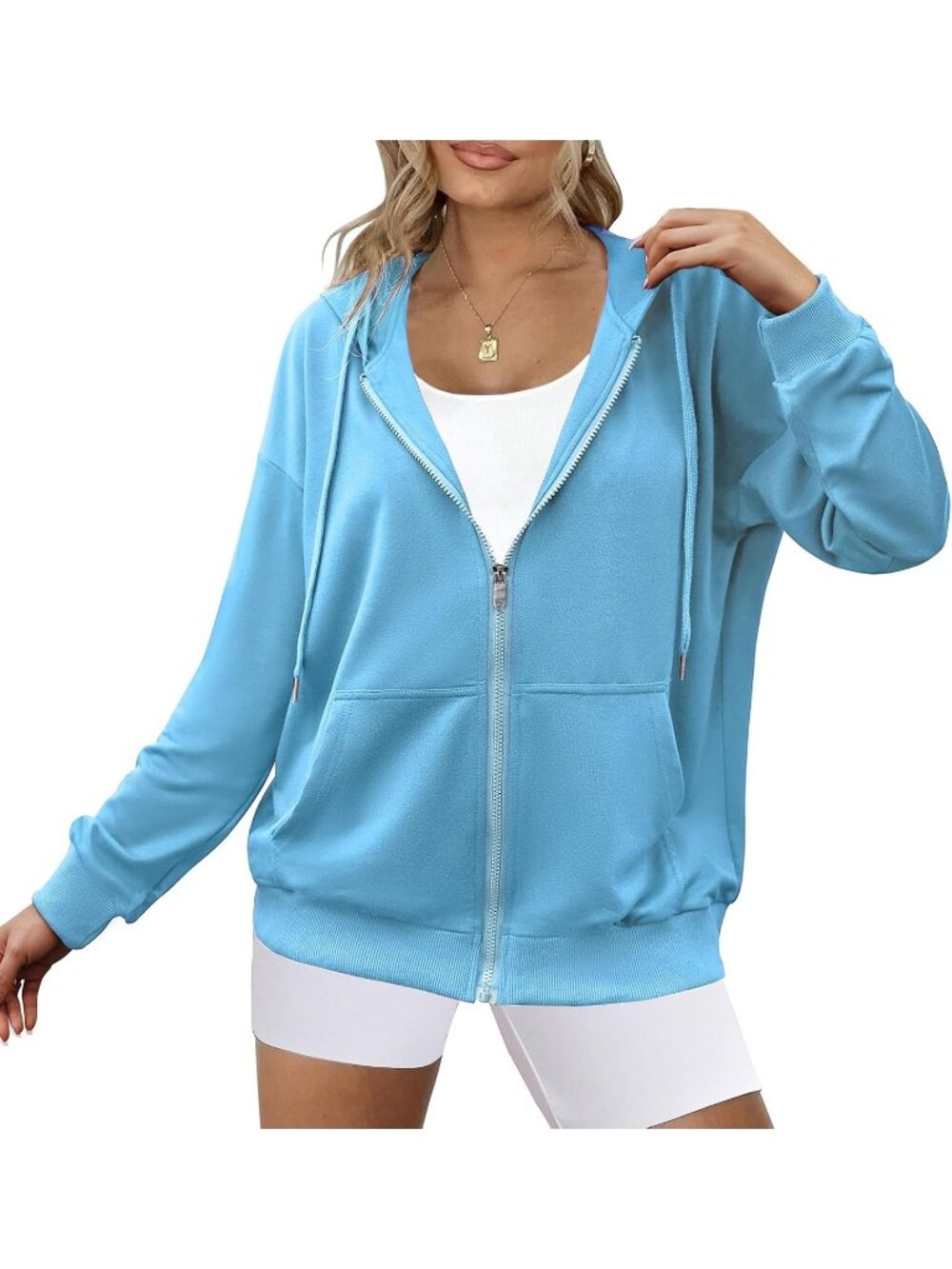 〽️Women's Baby Blue Lightweight Zip Up Hoodie Oversized Hooded Sweatshirt Jacket